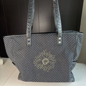 Black And White Poke A Dot With Embroidered Flower Thirty One Tote Bag